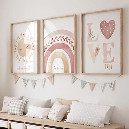 Pink Boho Rainbow Love Hearts Posters Nursery Wall Art Fine Art Canvas Prints Pictures For Baby's Room Kid's Room Children's Playroom Decor