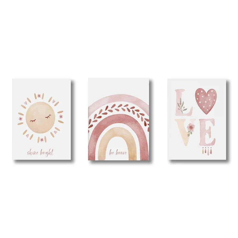 Pink Boho Rainbow Love Hearts Posters Nursery Wall Art Fine Art Canvas Prints Pictures For Baby's Room Kid's Room Children's Playroom Decor