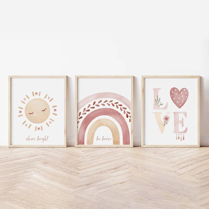 Pink Boho Rainbow Love Hearts Posters Nursery Wall Art Fine Art Canvas Prints Pictures For Baby's Room Kid's Room Children's Playroom Decor