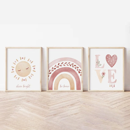 Pink Boho Rainbow Love Hearts Posters Nursery Wall Art Fine Art Canvas Prints Pictures For Baby's Room Kid's Room Children's Playroom Decor