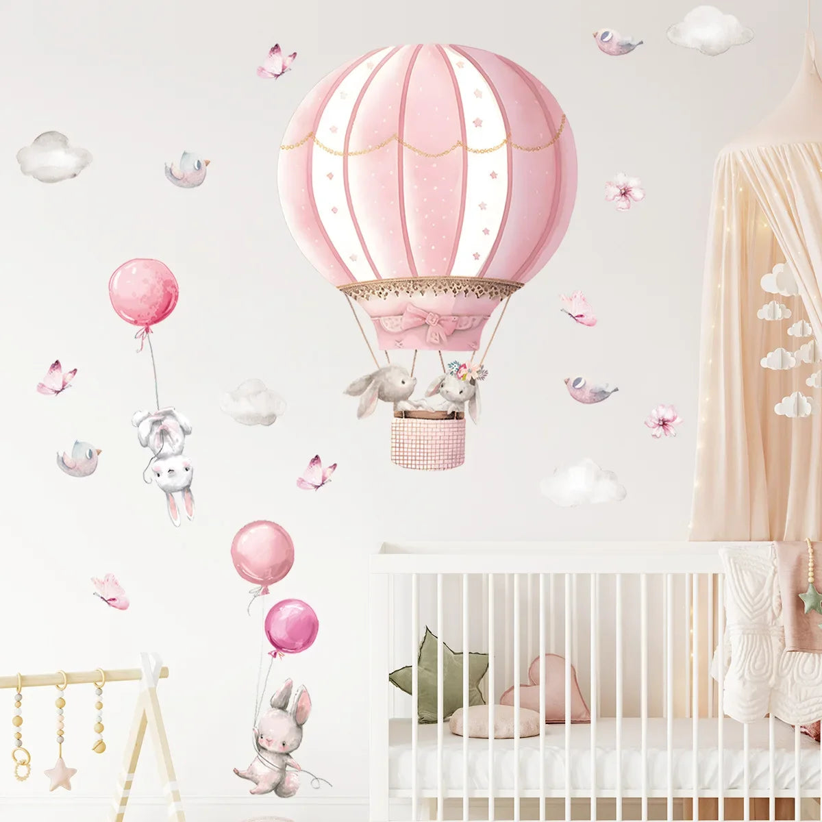 Pink Bunny & Balloon Wall Decals – Hot Air Balloon Cartoon Stickers for Nursery, Kids’ Room & Children's Playroom Spaces