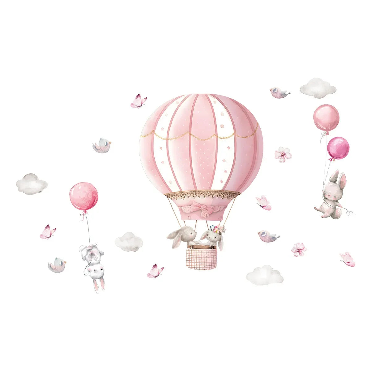 Pink hot air balloon with cartoon animals and birds on a white background