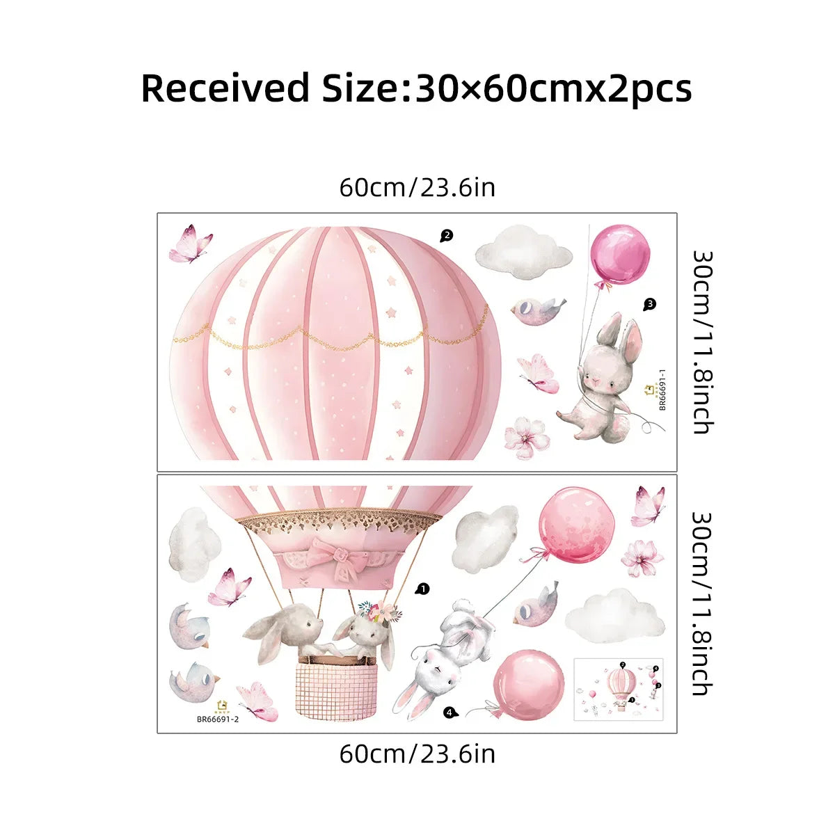 Wall stickers with pink hot air balloon and rabbit design, dimensions shown.