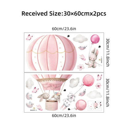 Wall stickers with pink hot air balloon and rabbit design, dimensions shown.