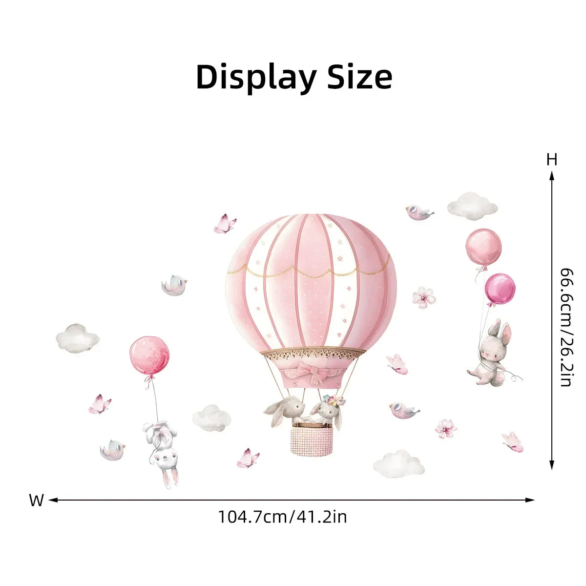 Pink Bunny & Balloon Wall Decals – Hot Air Balloon Cartoon Stickers for Nursery, Kids’ Room & Children's Playroom Spaces
