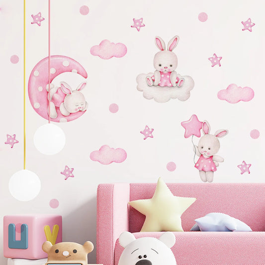 Pink Bunny Moon Clouds Nursery Wall Sticker – Soft Pastel Watercolor Vinyl Wall Decals for Kids & Baby Room Creative DIY Home Decor