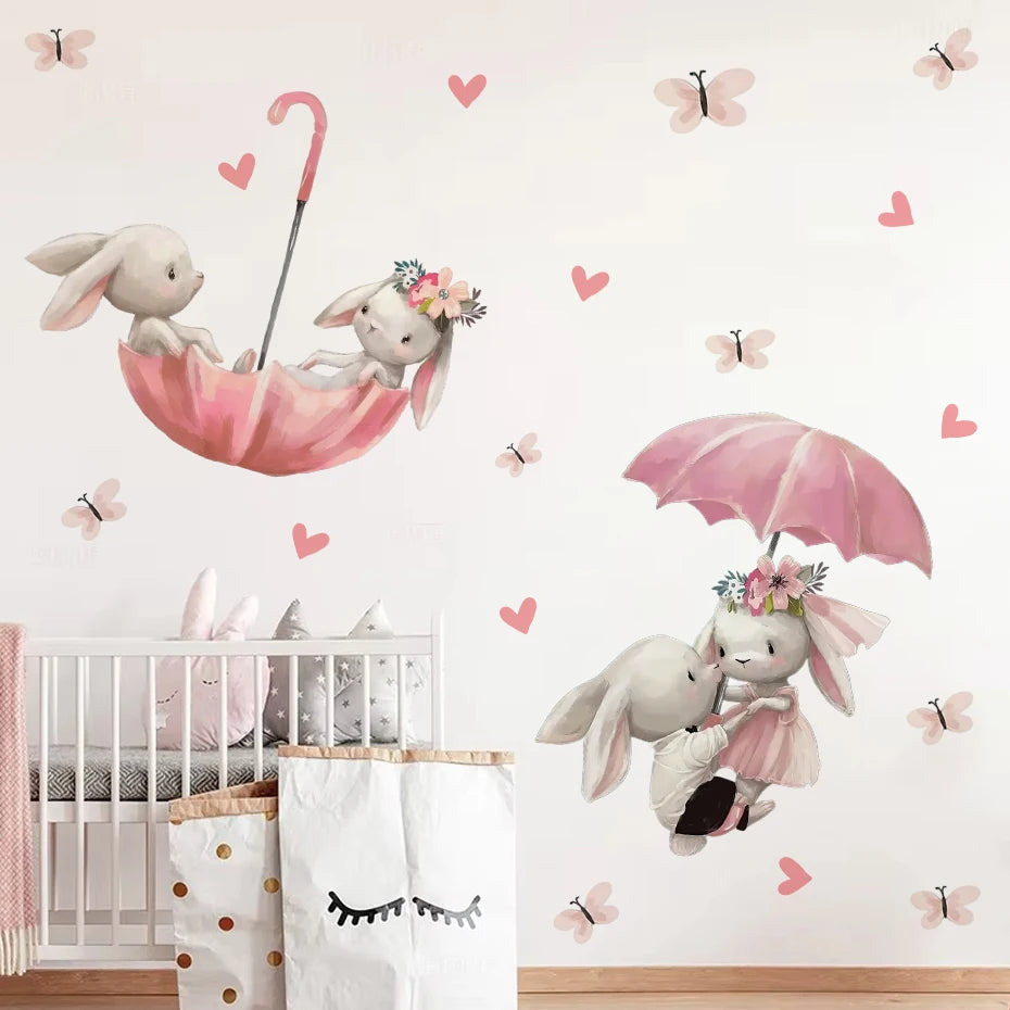 Pink Bunny Umbrella & Butterfly Wall Decals – Watercolor Animal Stickers for Nursery Girls Room or Baby Bedroom Creative DIY Home Decor