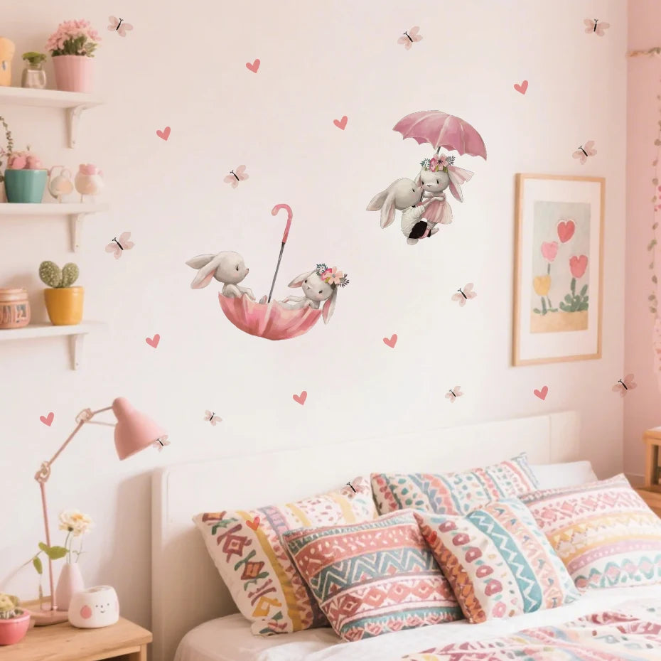 Pink Bunny Umbrella & Butterfly Wall Decals – Watercolor Animal Stickers for Nursery Girls Room or Baby Bedroom Creative DIY Home Decor