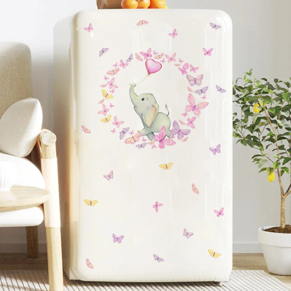 Fridge with a decorative sticker of an elephant and butterflies on a white background.