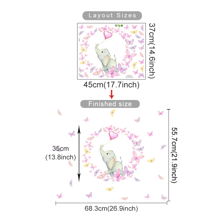 Measurement chart for a decorative wall sticker with elephant and butterfly design, showing layout and finished sizes.