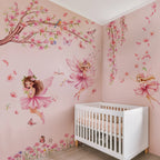 Pink Butterflies Tree Fairies Wall Mural Decals – Soft Pastel Pink Vinyl Wall Stickers for Girl's Room Creative DIY Home Decor