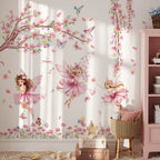 Children's room with fairy wall decals and pink furniture.
