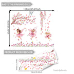 Wall decal set with fairies and floral designs, showing dimensions and a sample pack.
