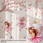 Wall stickers of fairies and floral branches with birds on a light background.
