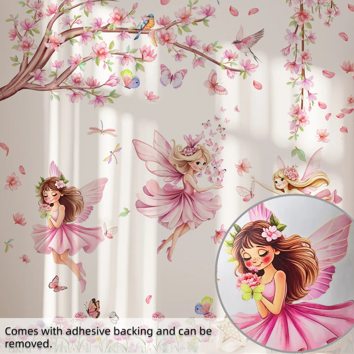 Wall stickers of fairies and floral branches with birds on a light background.