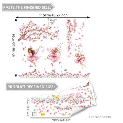 Wall decal set with fairies and floral designs, showing dimensions and a sample pack.