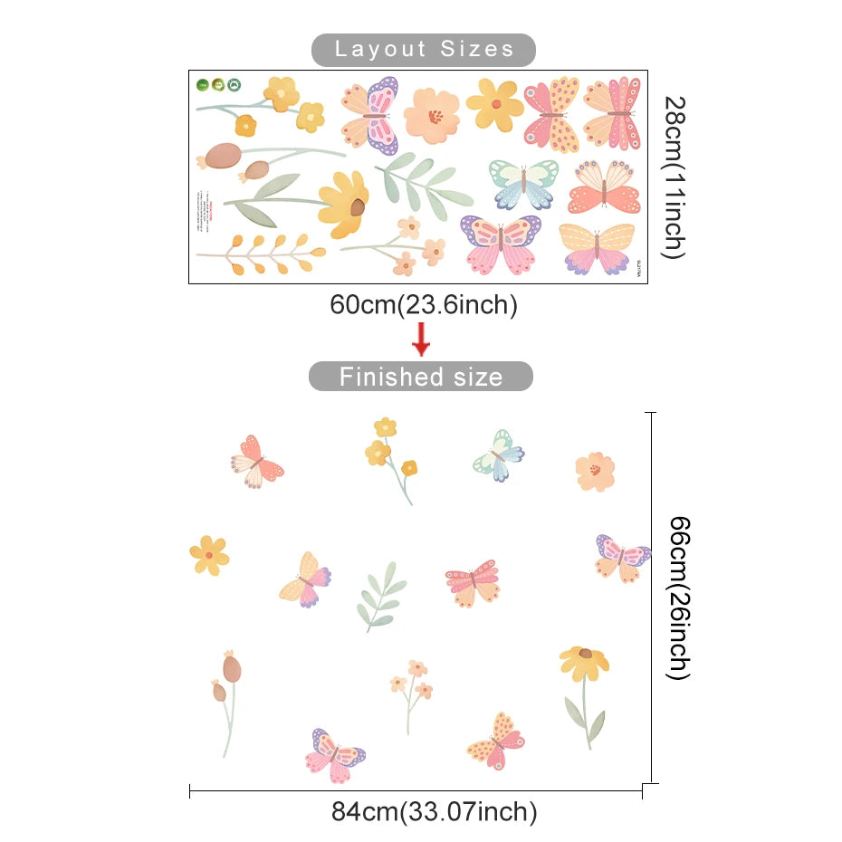 Floral and butterfly wall decal set with measurements on a white background