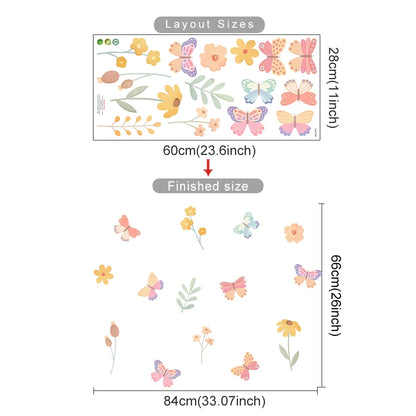 Floral and butterfly wall decal set with measurements on a white background