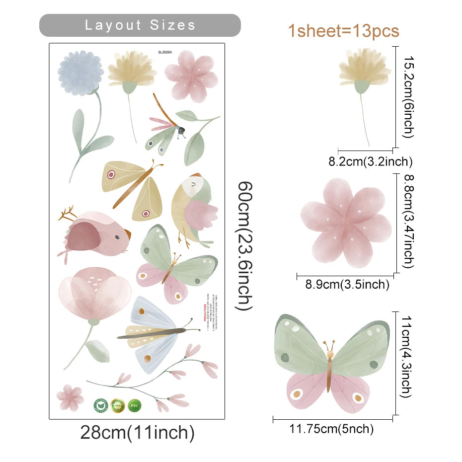 Wall stickers with floral and butterfly designs, including layout sizes and dimensions.