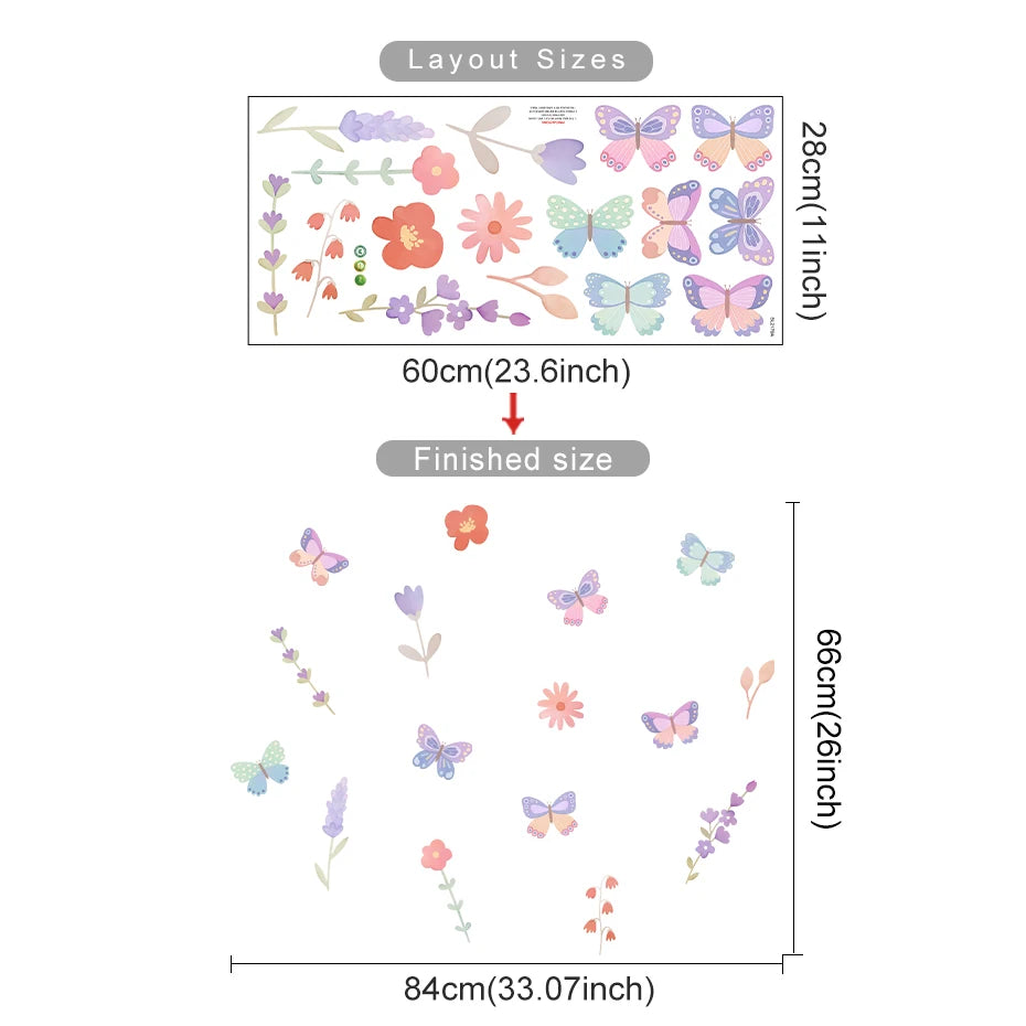 Measurement chart of butterfly and flower wall decals with dimensions.
