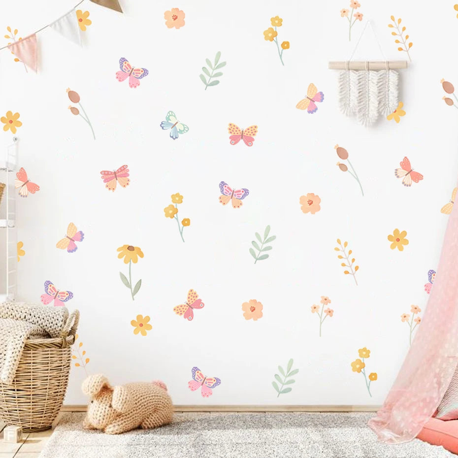 Wall with colorful butterfly and flower decals in a room setting.