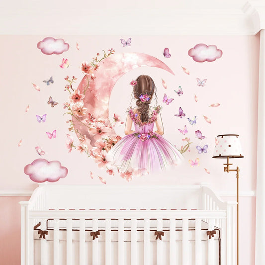 Pink Butterfly Moon Princess Wall Mural for Girl's Bedroom Colorful Removable Peel & Stick Wall Decals For Creative DIY Home Decor