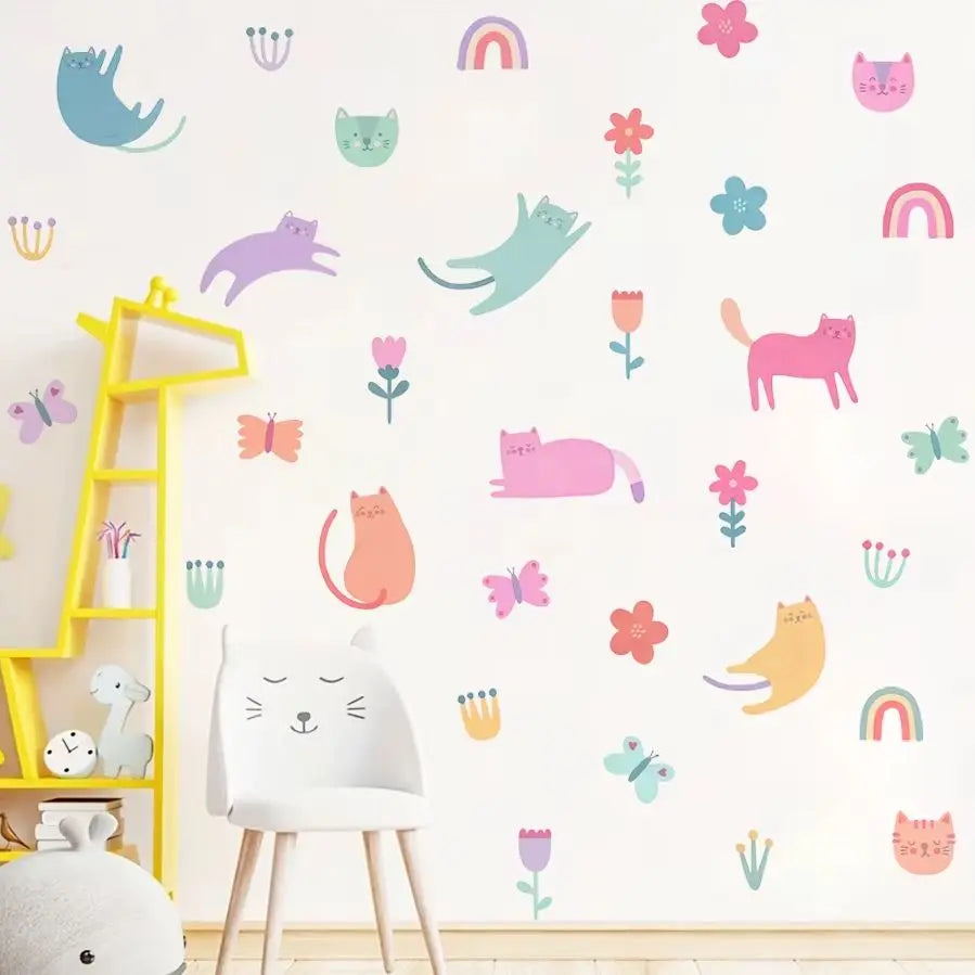 Pink Cats & Colorful Kittens Nursery Wall Decals - Cute Cartoon Peel & Stick Wall Stickers For Children's Bedroom or Baby's Room, Creative DIY Home Decor