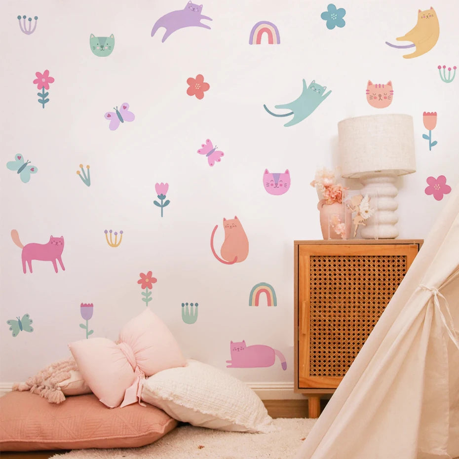 Pink Cats & Colorful Kittens Nursery Wall Decals - Cute Cartoon Peel & Stick Wall Stickers For Children's Bedroom or Baby's Room, Creative DIY Home Decor
