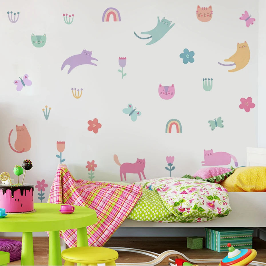 Pink Cats & Colorful Kittens Nursery Wall Decals - Cute Cartoon Peel & Stick Wall Stickers For Children's Bedroom or Baby's Room, Creative DIY Home Decor