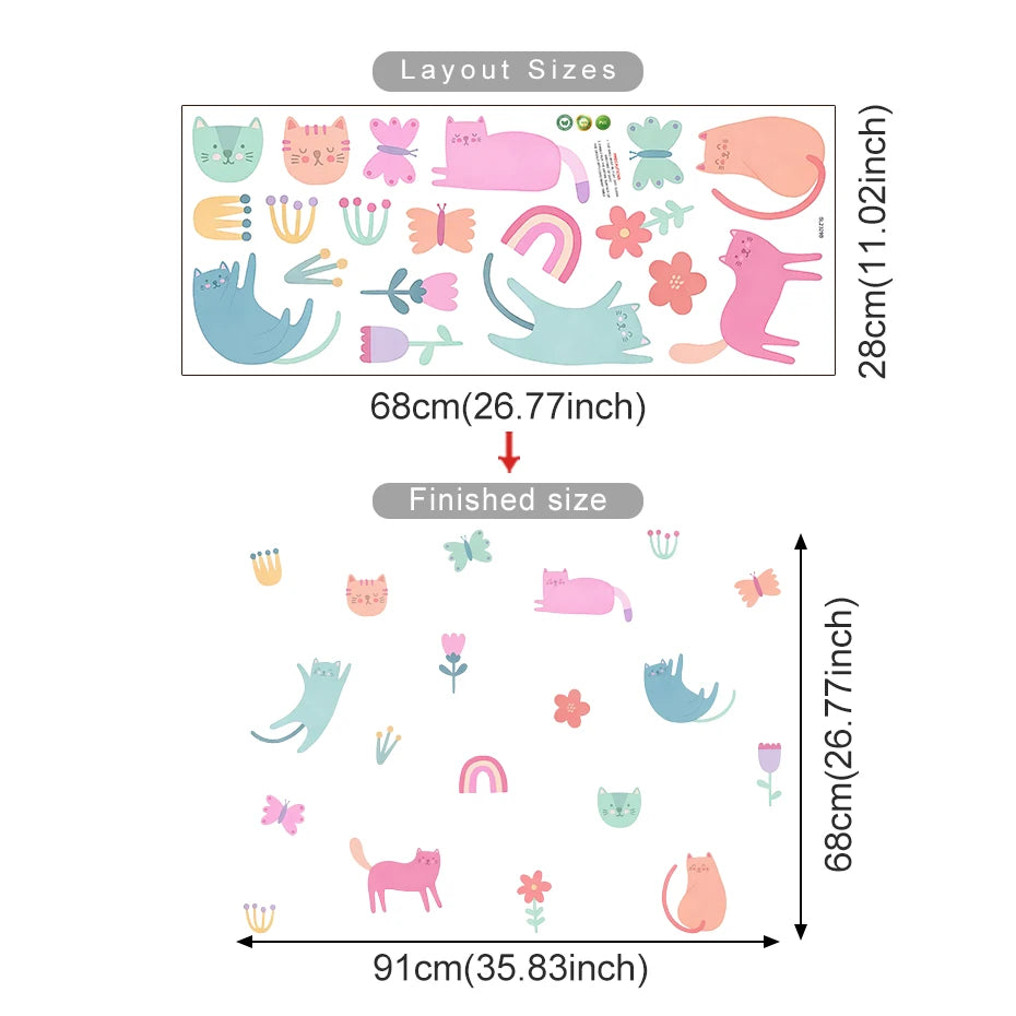 Measurement chart showing layout and finished size of colorful cat and flower decals.