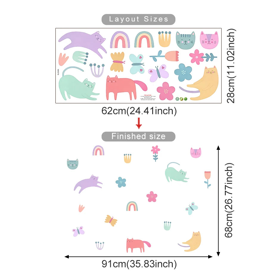 Pink Cats & Colorful Kittens Nursery Wall Decals - Cute Cartoon Peel & Stick Wall Stickers For Children's Bedroom or Baby's Room, Creative DIY Home Decor