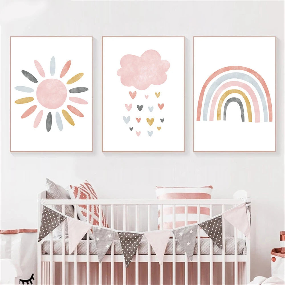 Pink Heart Cloud Rainbow Nursery Wall Art Fine Art Canvas Prints Colorful Pictures For Baby's Bedroom Kid's Room Nordic Nursery Wall Decor