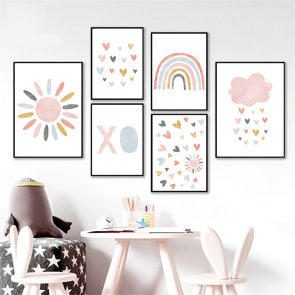 Pink Heart Cloud Rainbow Nursery Wall Art Fine Art Canvas Prints Colorful Pictures For Baby's Bedroom Kid's Room Nordic Nursery Wall Decor 2025