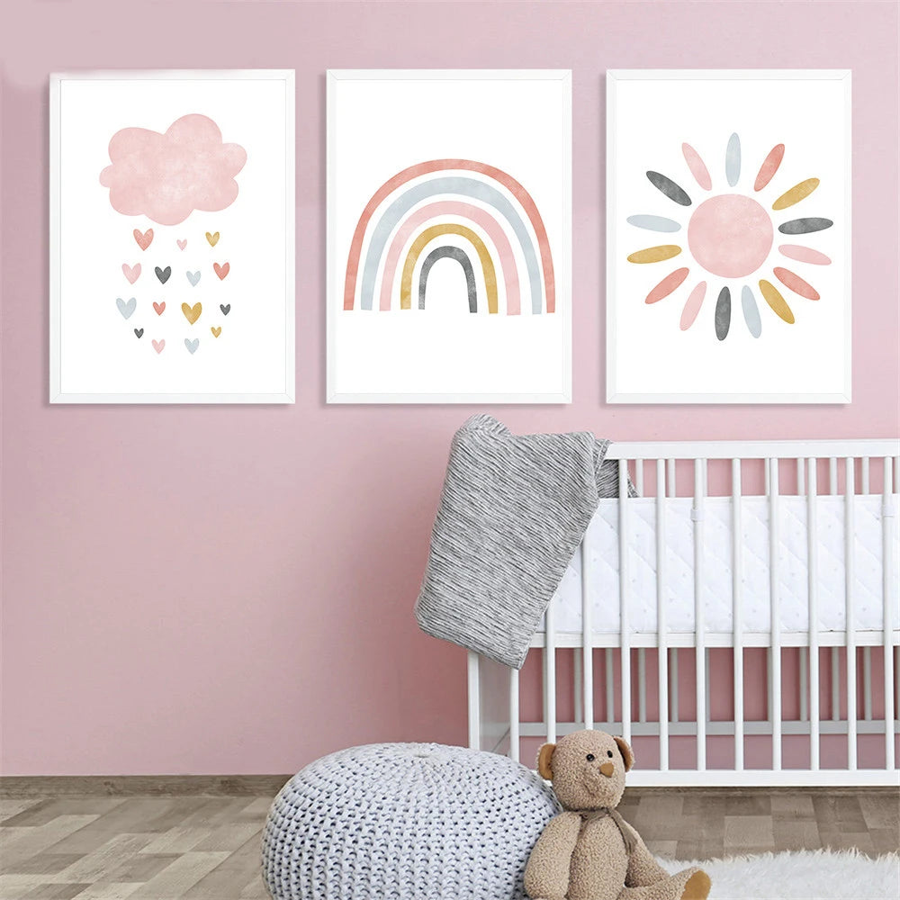 Pink Heart Cloud Rainbow Nursery Wall Art Fine Art Canvas Prints Colorful Pictures For Baby's Bedroom Kid's Room Nordic Nursery Wall Decor 2025