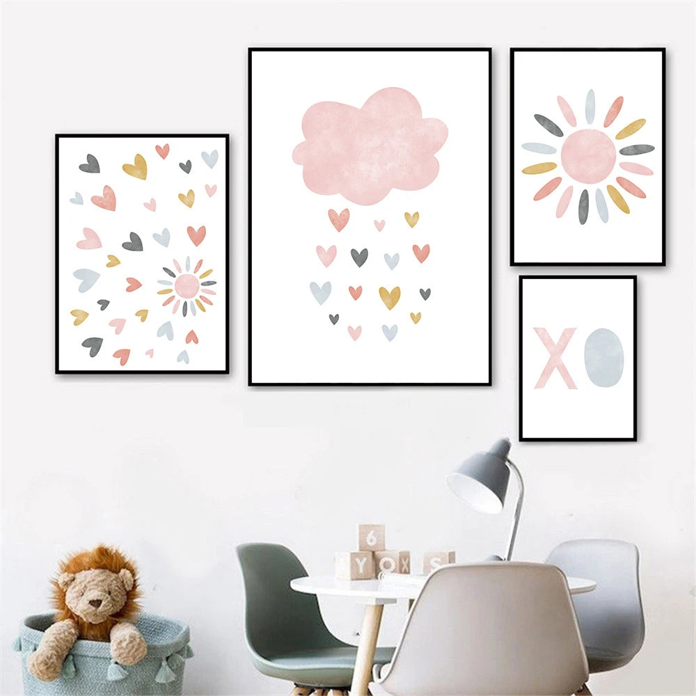Pink Heart Cloud Rainbow Nursery Wall Art Fine Art Canvas Prints Colorful Pictures For Baby's Bedroom Kid's Room Nordic Nursery Wall Decor 2025