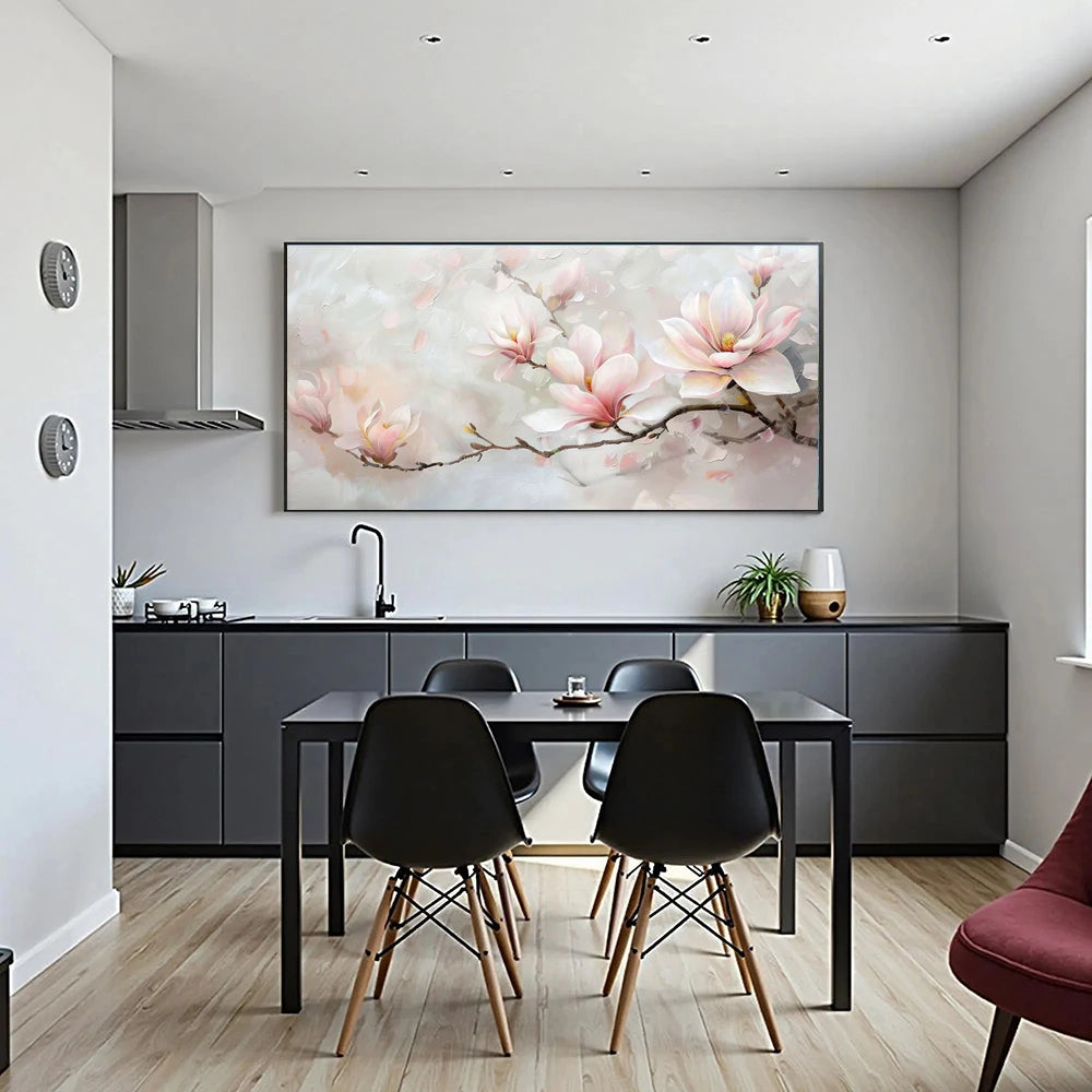 Modern kitchen with a dining table and chairs, featuring a large floral painting on the wall.