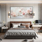 Modern bedroom with a large floral painting above the bed