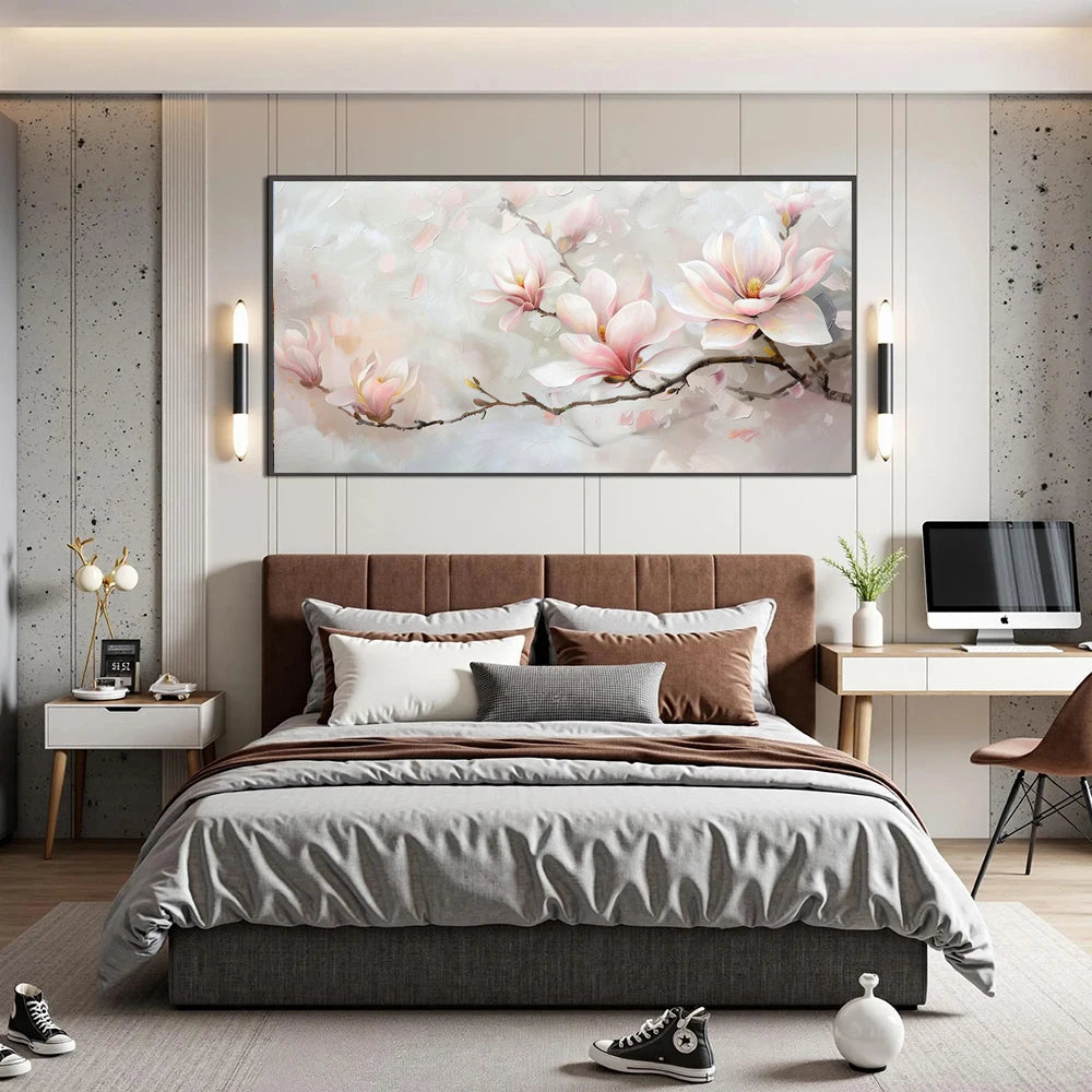 Modern bedroom with a large floral painting above the bed