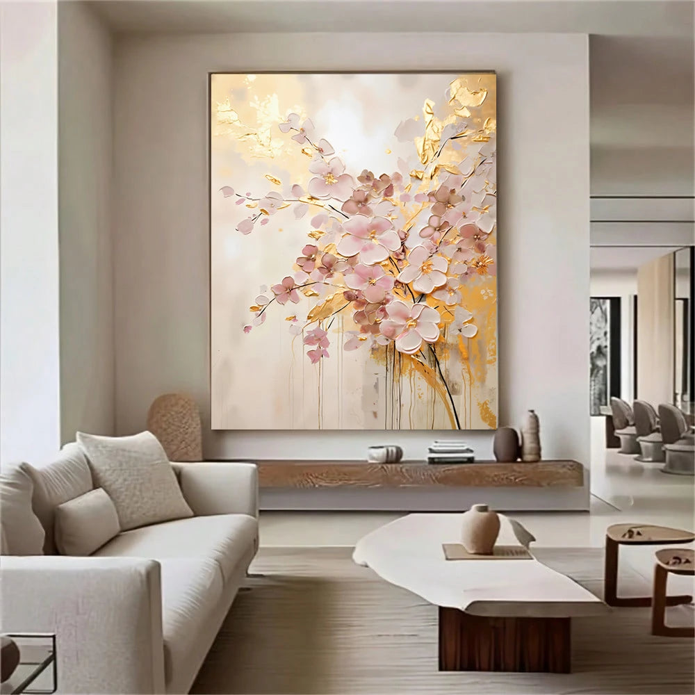 Modern living room with a large floral painting on the wall