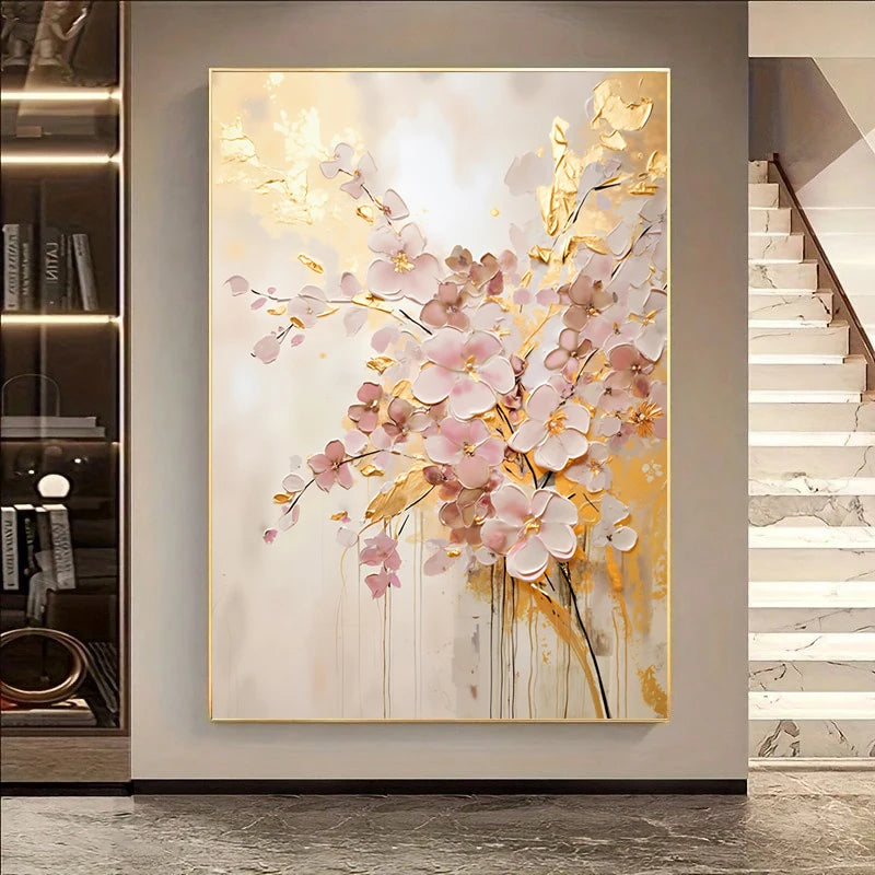 Abstract floral painting with pink and gold colors on a wall in a modern interior setting.