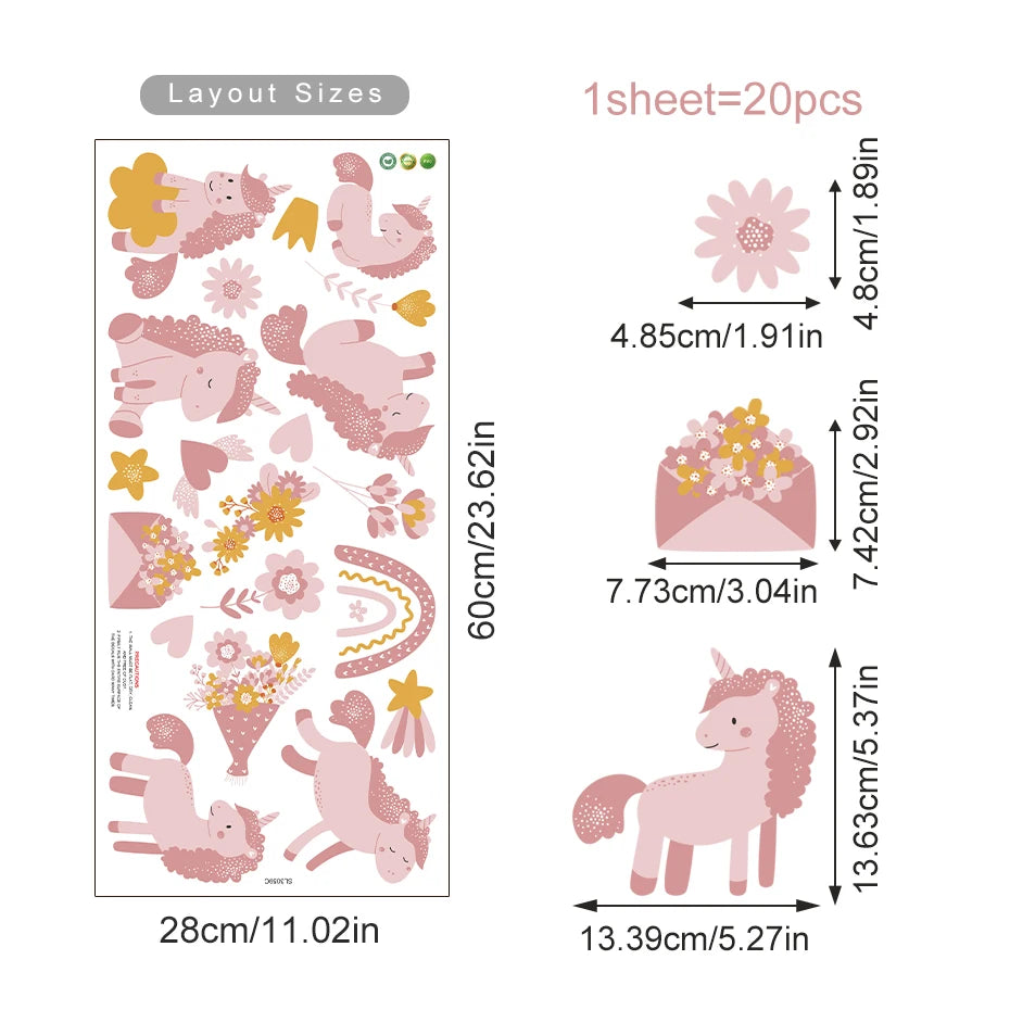 Sheet of pink unicorn and flower stickers with layout sizes and dimensions.