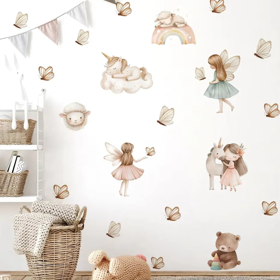 Children's room with wall stickers of fairies, unicorns, and butterflies on a white wall.
