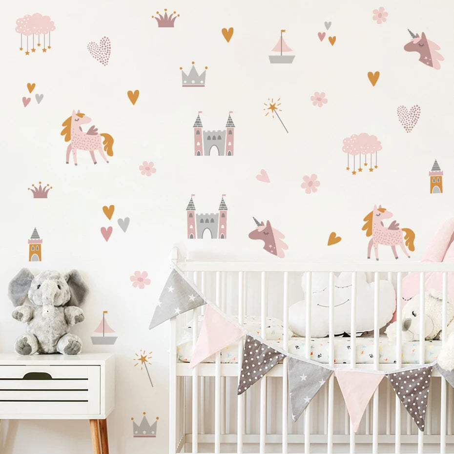 Children's room with crib, wall stickers of unicorns and castles, and a plush elephant toy.