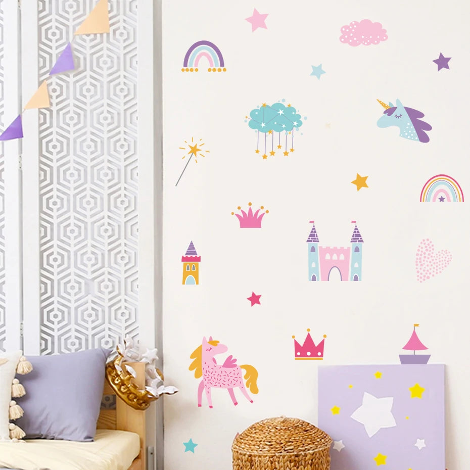 Children's room with colorful wall decals of castles, unicorns, and rainbows.