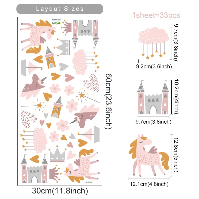 Sheet of decorative stickers with various designs including unicorns, castles, and flowers, with dimensions provided.