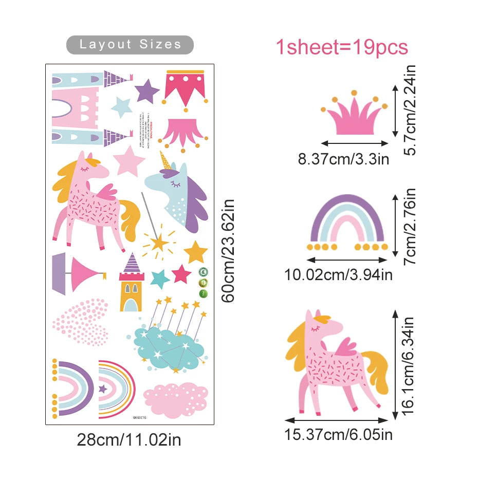 Sheet of children's stickers with unicorn, castle, and rainbow designs, including layout sizes and dimensions.