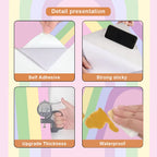 Product features with self-adhesive, strong sticky, upgrade thickness, and waterproof properties on a colorful background.