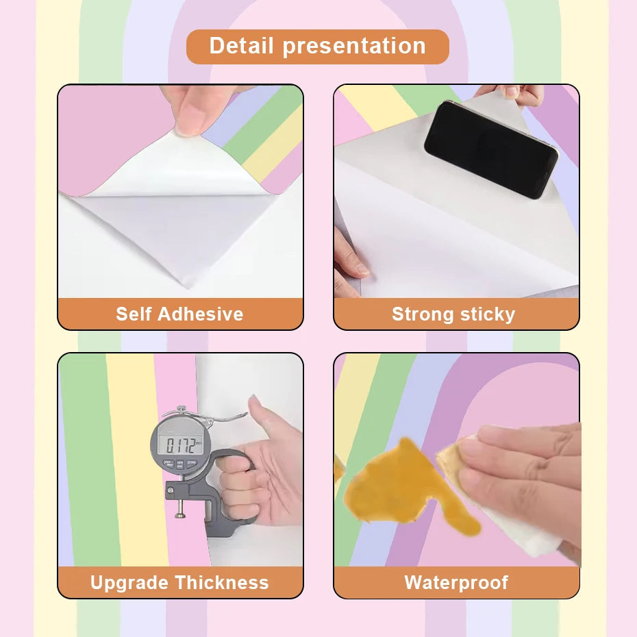 Product features with self-adhesive, strong sticky, upgrade thickness, and waterproof properties on a colorful background.