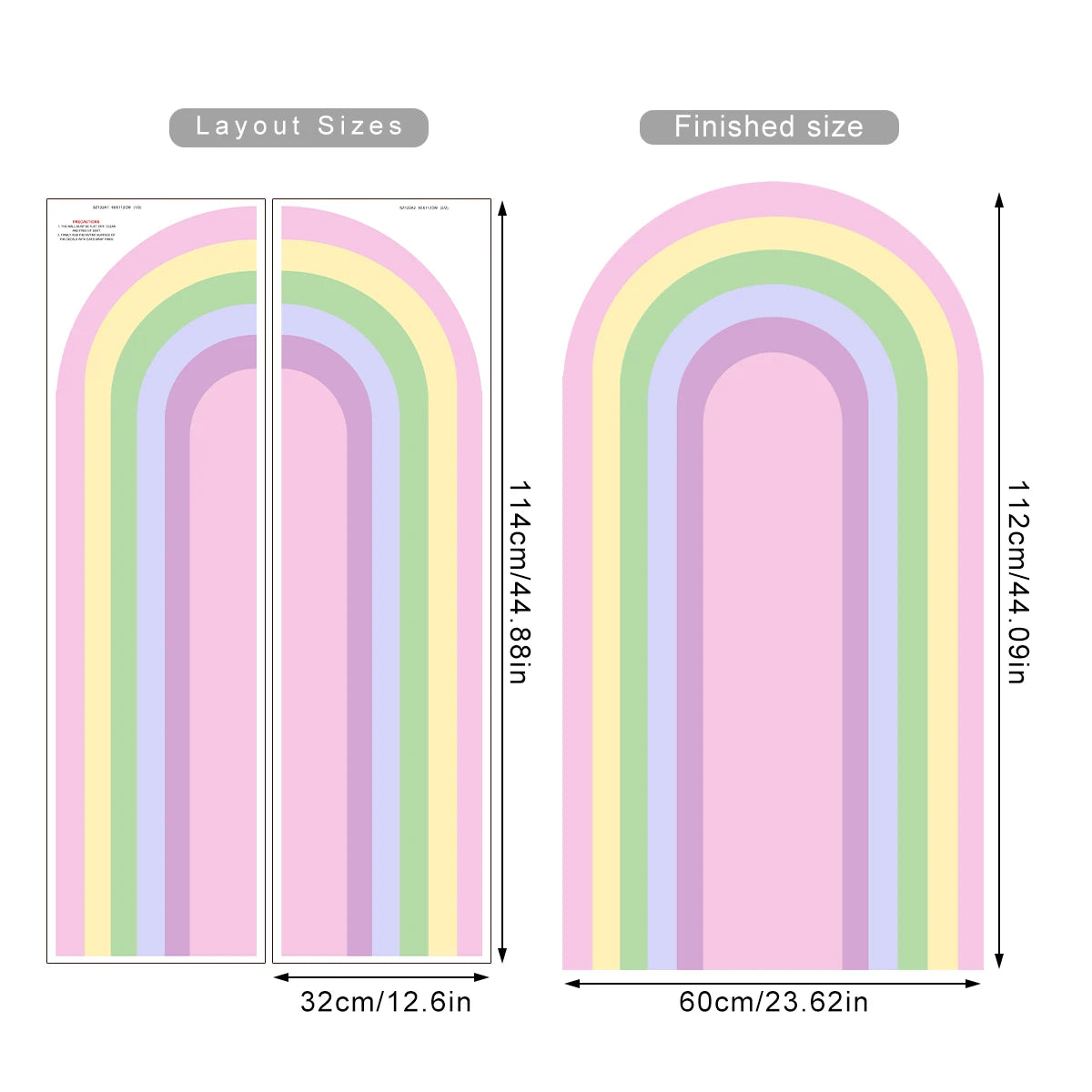 Pastel rainbow arch design with measurements on a white background