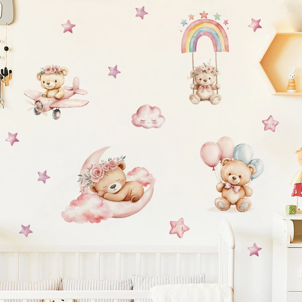 Pink Rainbow Teddy Bear Moon Cloud & Stars Wall Stickers - Peel & Stick Wall Decals For Baby's Nursery Room & Children's Bedroom Decor